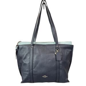 Coach May Navy Blue Pebbled Leather Tote Shoulder Bag Two Tone Light Blue Trim